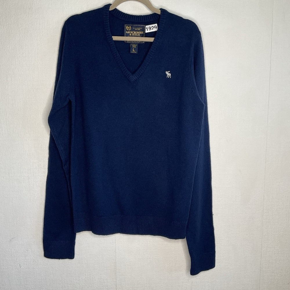 Vintage Abercrombie And Fitch V Neck Long Sleeve Sweater Men's Size L Navy Wool